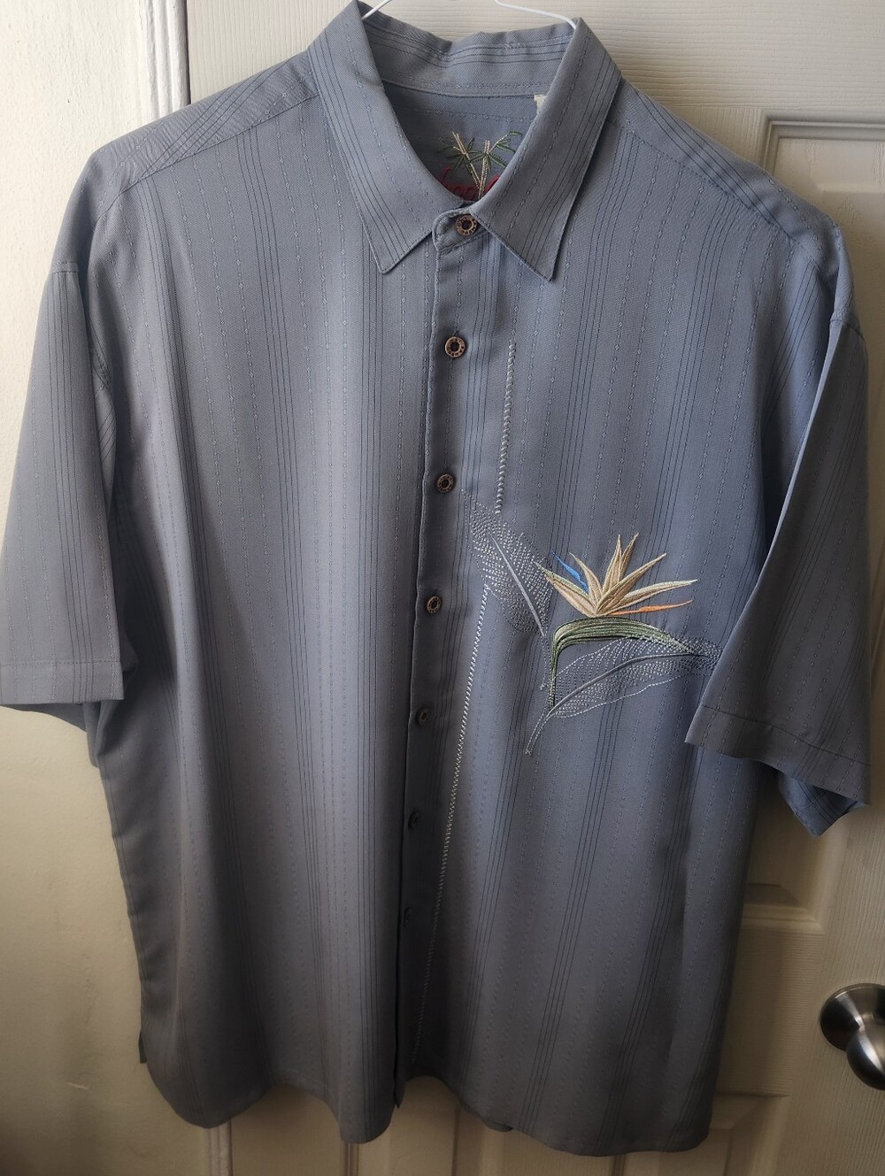 Bamboo Cay Men's Large Embroidered Tropical Resort Shirt, Modal Blend, Blue